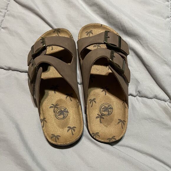 Wonder Nation Tan Brown Double Straps Faux Leather Slip on Slides Sandals Kids 1 - Picture 5 of 9